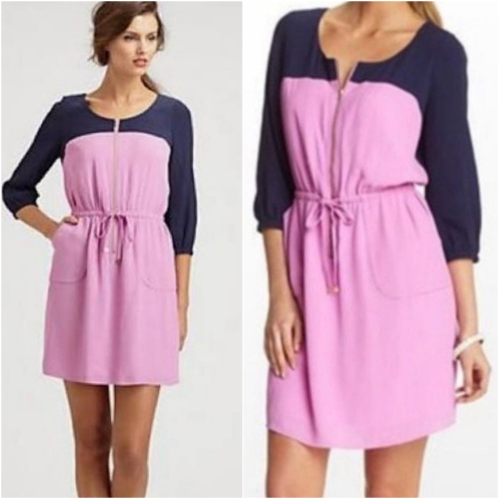 Lilly Pulitzer Sessilee Colorblock Dress Navy Blue Lilac Purple Pink 3/4 Sleeve